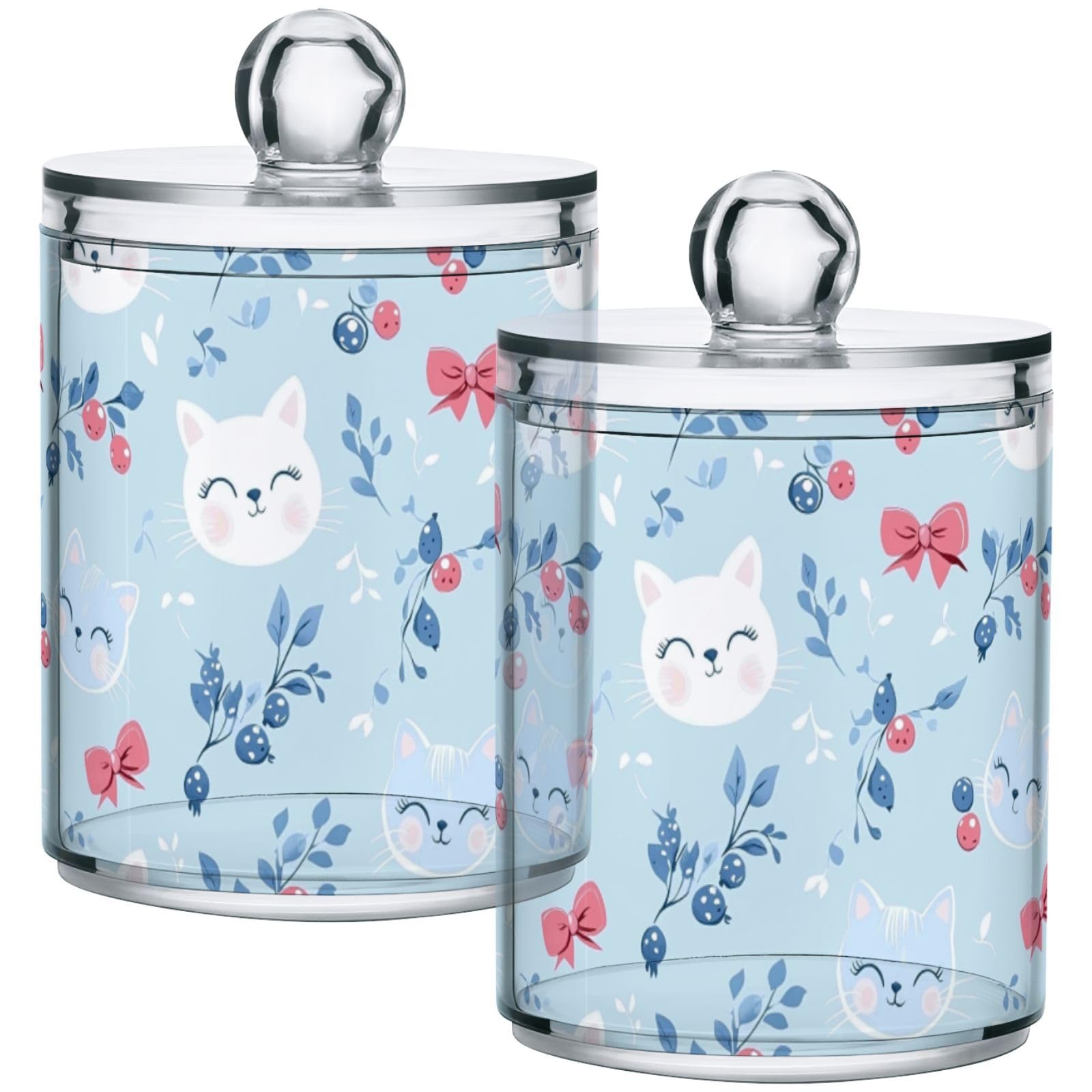 Gredecor 4 Pack Qtip Holder Clear White Cats Bows (3) Apothecary Jars with Lids Acrylic Bathroom Jars Vanity Countertop Canister Storage Organizer for Cotton Ball,Swabs,Pads,Floss