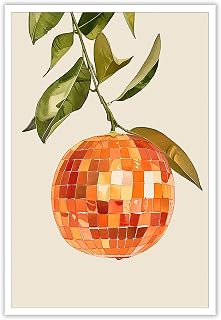 Trendy Orange Disco Ball Posters Preppy Citrus Fruit Mirror Ball Canvas Wall Art Party Theme Bar Cart Prints Painting For Home Bedroom Dorm Wall Decor 12x16in Unframed