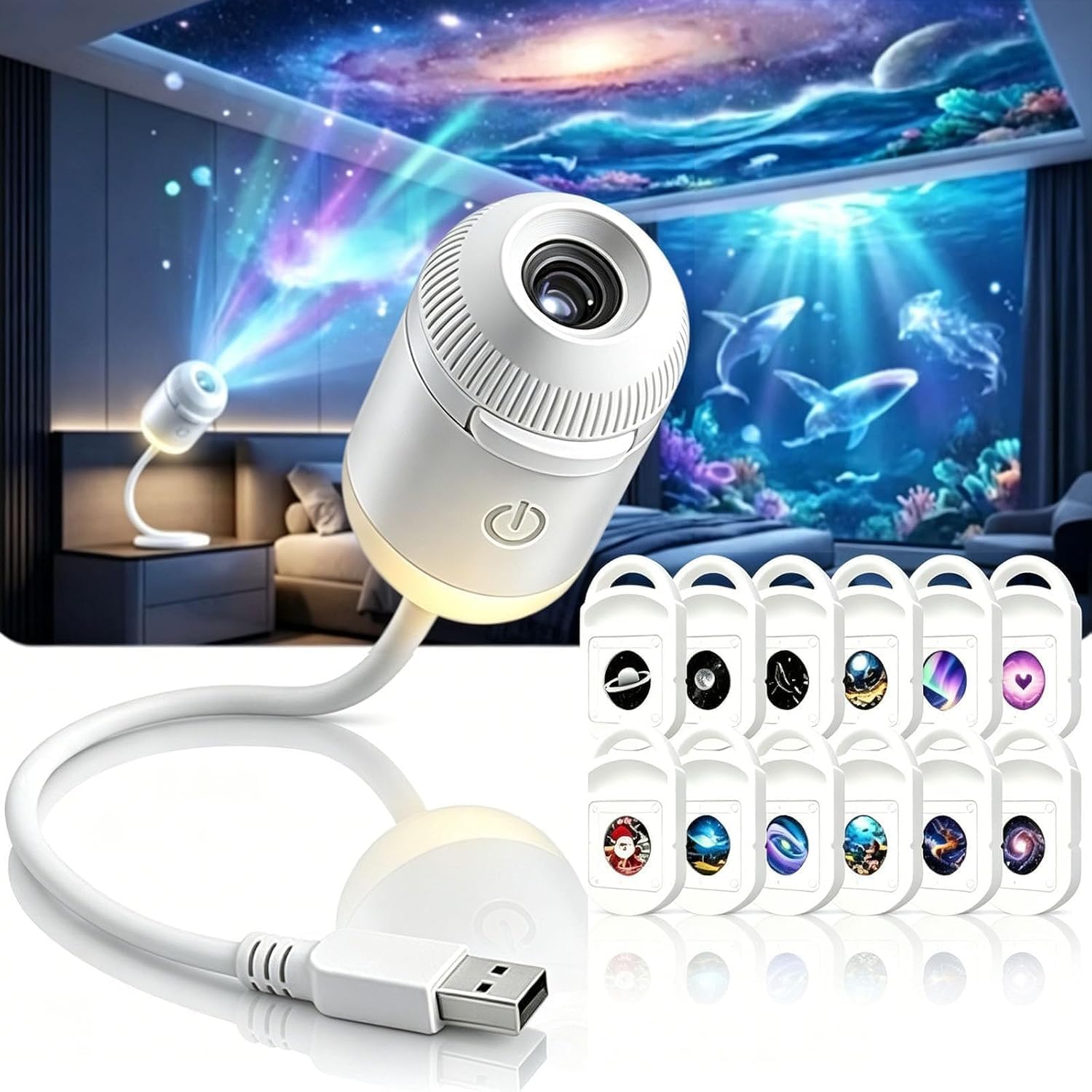 Lovelycat Hd Smart Dynamic 5d Holographic Night Light Projector, 2-in-1 Galaxy Projector Night Light, 360° Adjustable Galaxy and Ocean, Starry Sky Projection, Plug-and-Play Hd Star Lamp，6 Lens