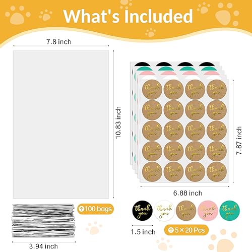 Miniatura 9 de VALUCKEE 100 bolsas de celofán con estampado de patas de perro de mayor capacidad, bolsas de golosinas para perros y gatos con calcomanías, bolsas