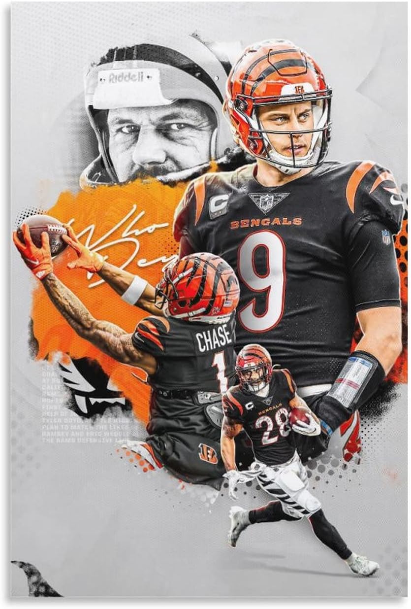 Joe America Football Sports Poster Burrow Posters for Walls Print Canvas Wall Art Decor for Kids Bedroom Gifts to Men Fans Christmas Birthday Large Size 12x18 inch Unframed