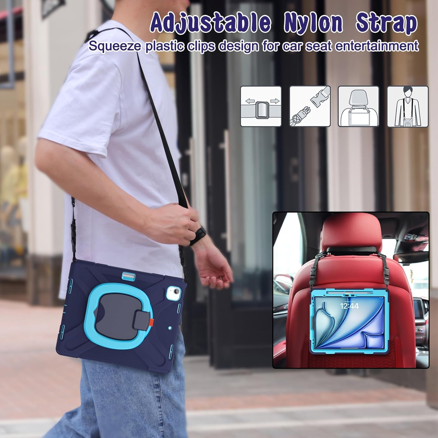 MEEgoodo Case for iPad Air 13 inch 2025 (M3) /2024 (M2) & iPad Pro 12.9 Case 6th/5th/4th/3rd Generation 2022 2021 2020 2018, Tablet Cover with Pencil Holder/Rotating Stand/Shoulder Strap, Navy Blue - Image 8