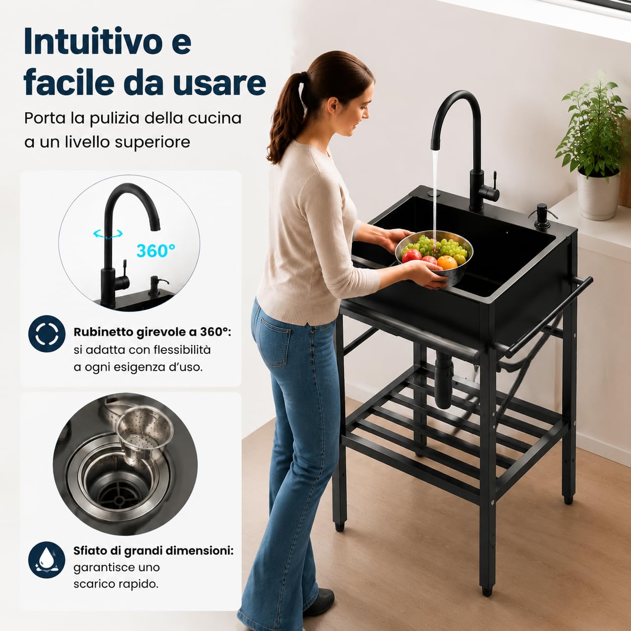 Lavello autoportante, in acciaio inox, nero, singolo, portatile, con rubinetto, cestello per sapone, per esterni, gastro, giardino, campeggio, 55 x 45 x 86 cm