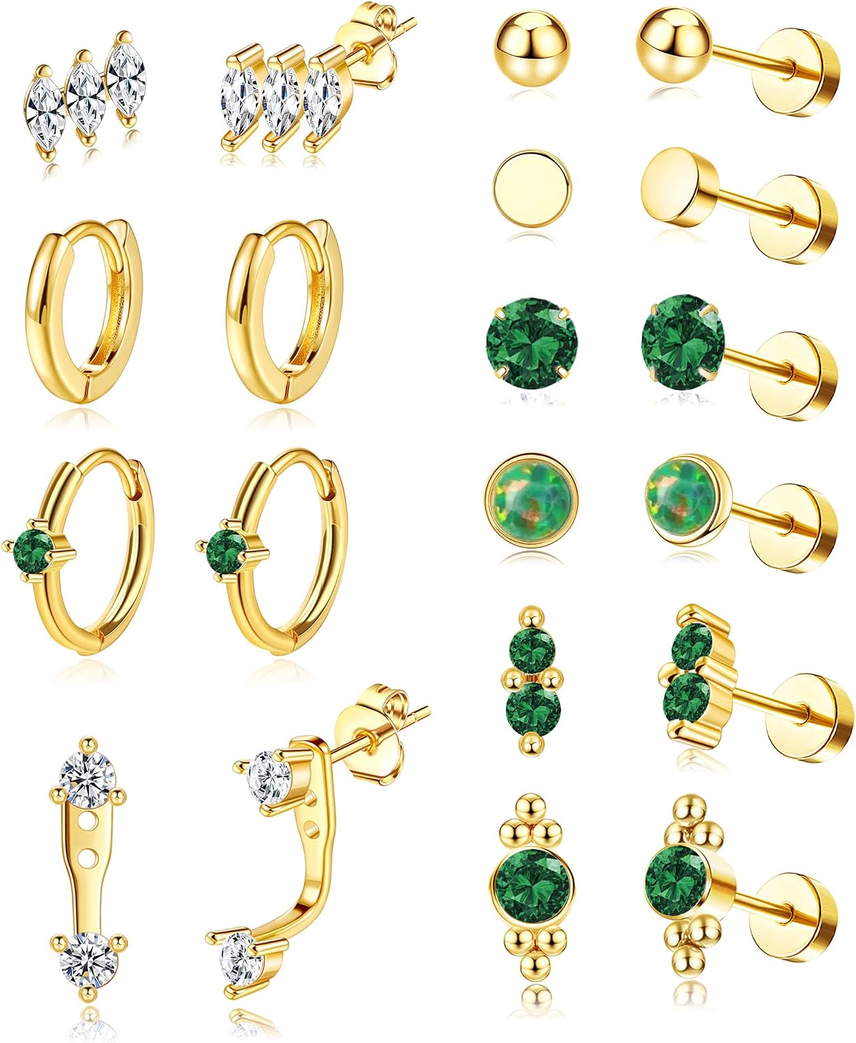 Staligue 21 Pairs Surgical Steel Flat Back Earrings Set for Women Men Hypoallergenic 20G Stainless Steel Stud and Hoops Earrings for Sensitive Ears Small Cz Heart Star Moon Opal Cartilage Earrings