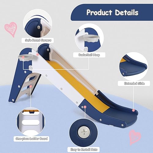 Miniatura 4 de MAMIZO Juego de tobogán 3 en 1 para niños pequeños, juego de escalador de tobogán extra largo con aro de baloncesto y pelota, peldaños