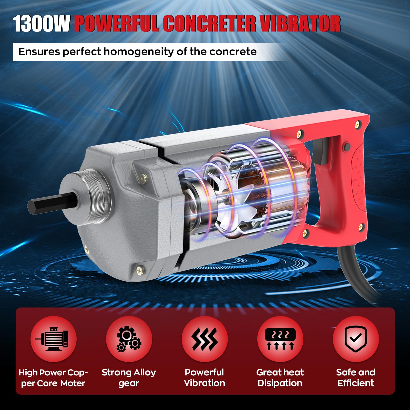 IMAYCC 1300W Vibratore per Calcestruzzo, Vibratore da Costruzione Elettrico, 4300 giri/min, Lunghezza asta Vibrante 2m, Diametro albero Vibrante 35mm，per Strade, Tunnel, Ponti, Case, ecc.