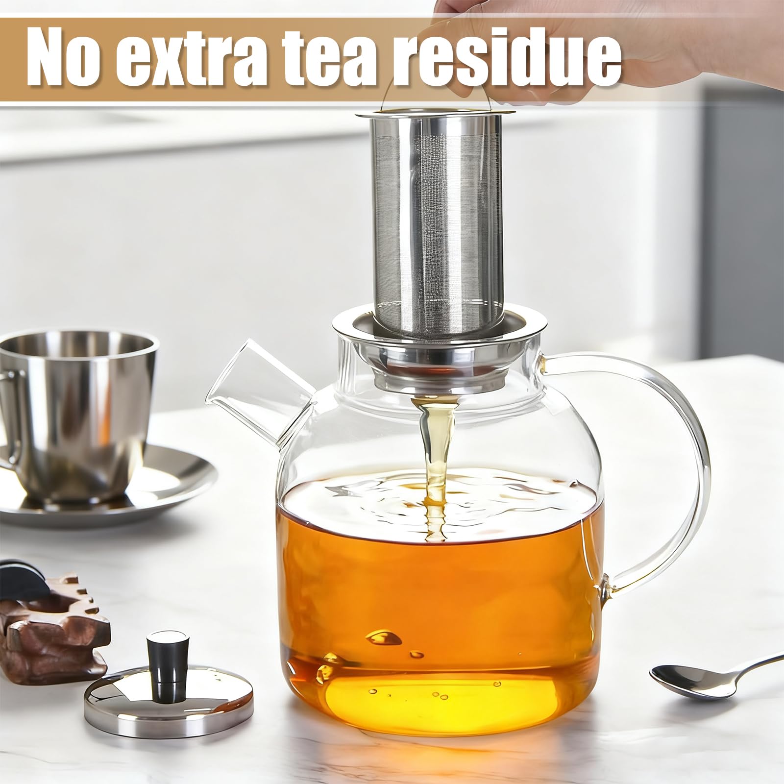 Teiera in vetro con fornello, 1800 ml, con coperchio e elegante fornello da tè, teiera con colino, per tè e bustine di tè sfusi