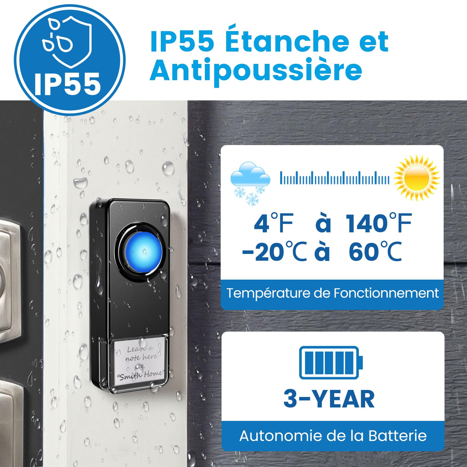 WiFi Sonnette sans Fil Exterieur Etanche, Compatible avec l'Application Smartphone, Sonnette Connectée 0-110dB 32 Mélodies, Doorbell avec Notification à Distance, Sonnette Extérieure avec Flash LED