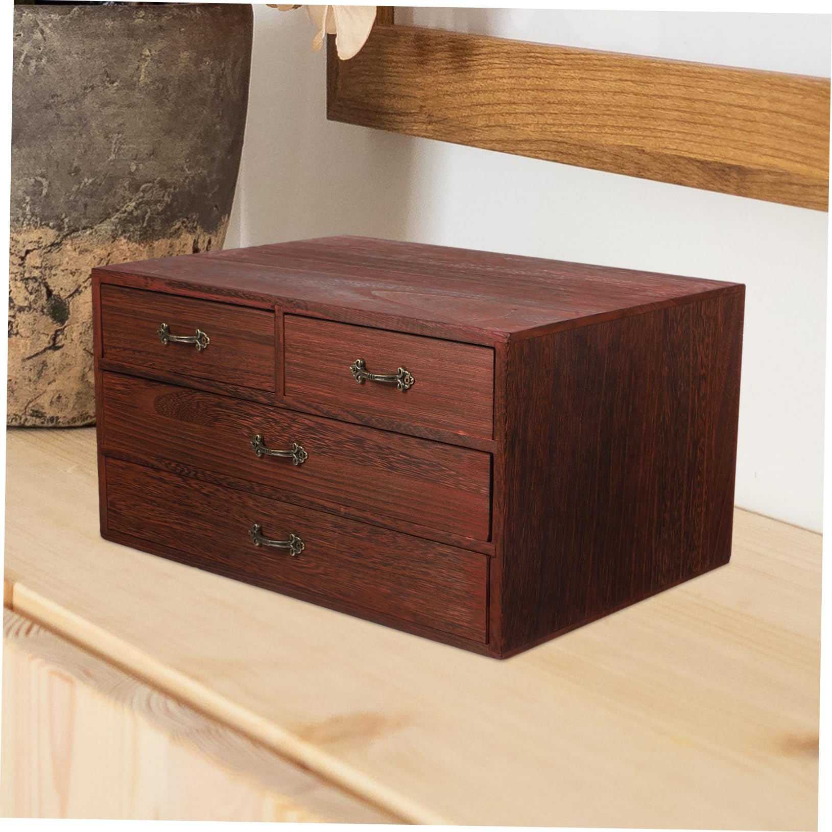 Schreibtisch-Organizer aus Holz mit Schubladen, Vintage-Büro-Aufbewahrungsbox für Make-up, Schmuck und Teetablett