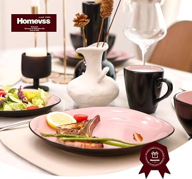 HomeVss, Stoneware Sqaure 16pc Dinnerware Set (Black & Rose, Service for 4 - 16pc Set)