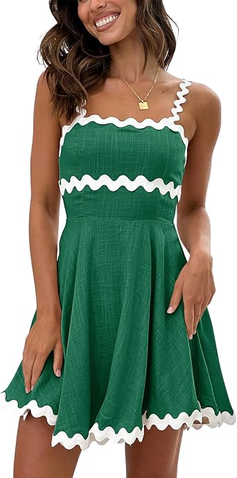 Senllen Womens Summer Flowy Mini Dress 2026 Casual Spaghetti Straps Sleeveless Smocked Backless Swing Wave Trim Sundress