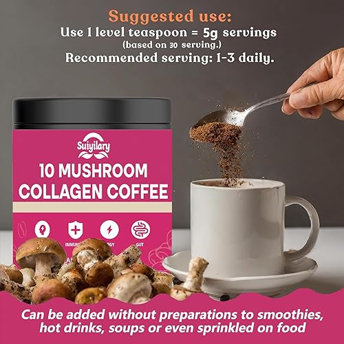Miniatura 5 de Café de hongos con colágeno, 10 extractos de hongos en polvo, mezcla de melena de león, suplementos cerebrales con café instantáneo para energía,