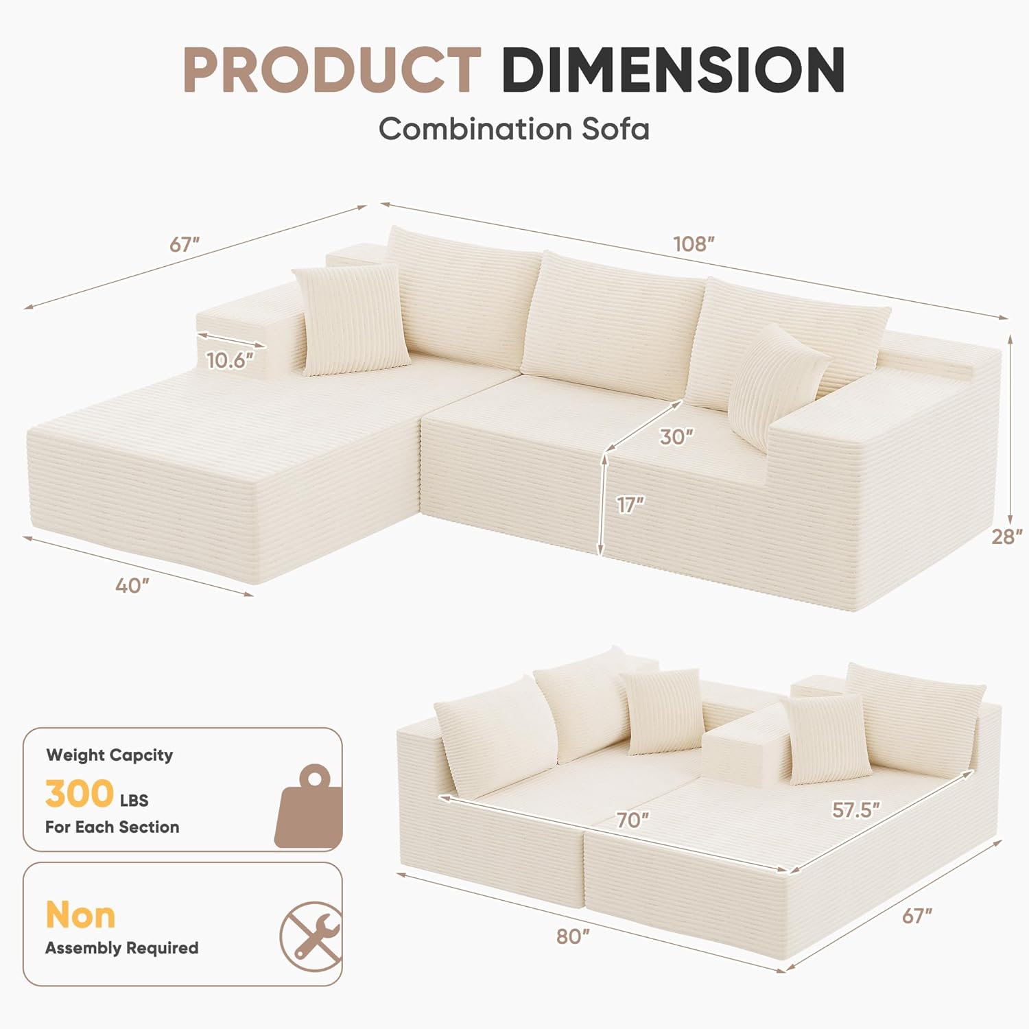 Homall 108" Modular Sectional Sofa, Boneless Couch with L-Shape Chaise, Cloud Couch with Deep Seat Upholstered, No Assembly Required for Living Room, Bedroom (Corduroy, Beige)
