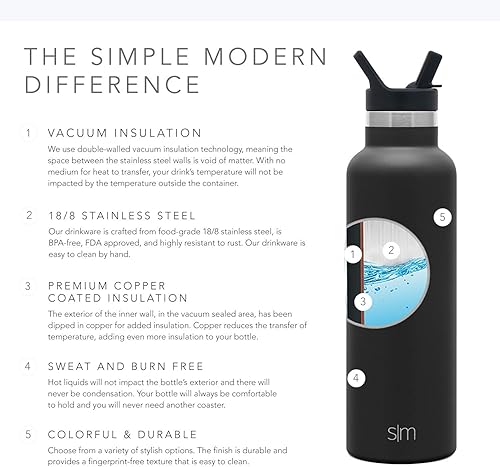 Miniatura 4 de Simple Modern - Botella de agua con tapa de pajilla de boca estrecha Ascent, termo de metal aislado al vacío, acero inoxidable, reutilizable, a