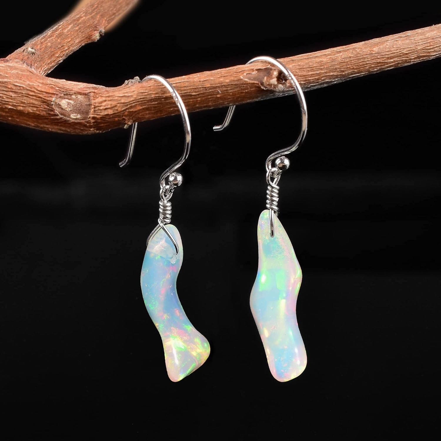 Natural Raw Ethiopian Opal Earring Rhodium Plated 925 Sterling Silver, Dainty Simple Earring Jewelry Gift for Her, Birthstone Energy Healing Stones, Opal Bones Earring - Image 2
