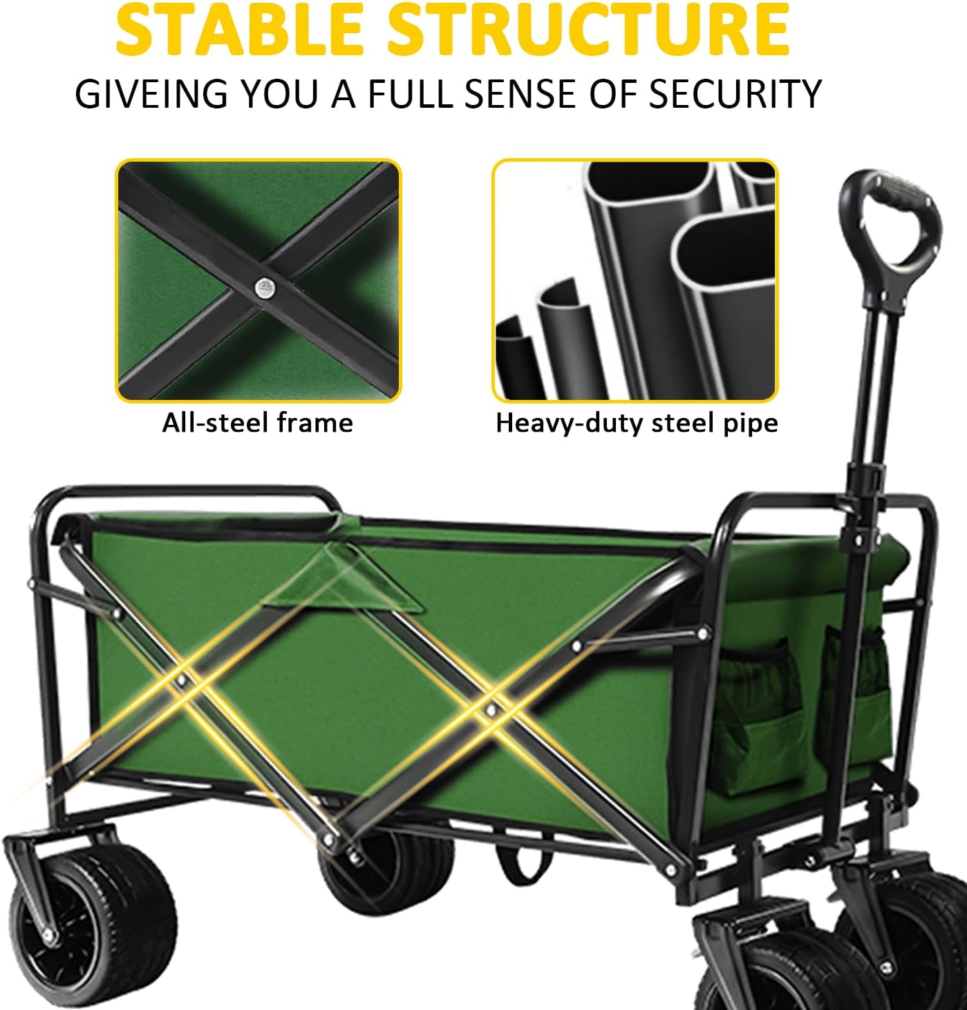 Foldable Wagon Cart, 300lbs Folding Utility Cart with All-Terrain Wheels, Collapsible Wagon for Gardening, Camping, Beach, Outdoor Use, Green