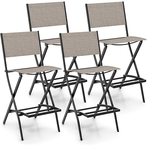 Giantex Folding Patio Bar Chairs Set of 4, Outdoor Counter Height Bar Stools with Footrest & Back, All-Weather Resistant, Metal Frame, for Porch Deck Lawn Garden, Light Brown