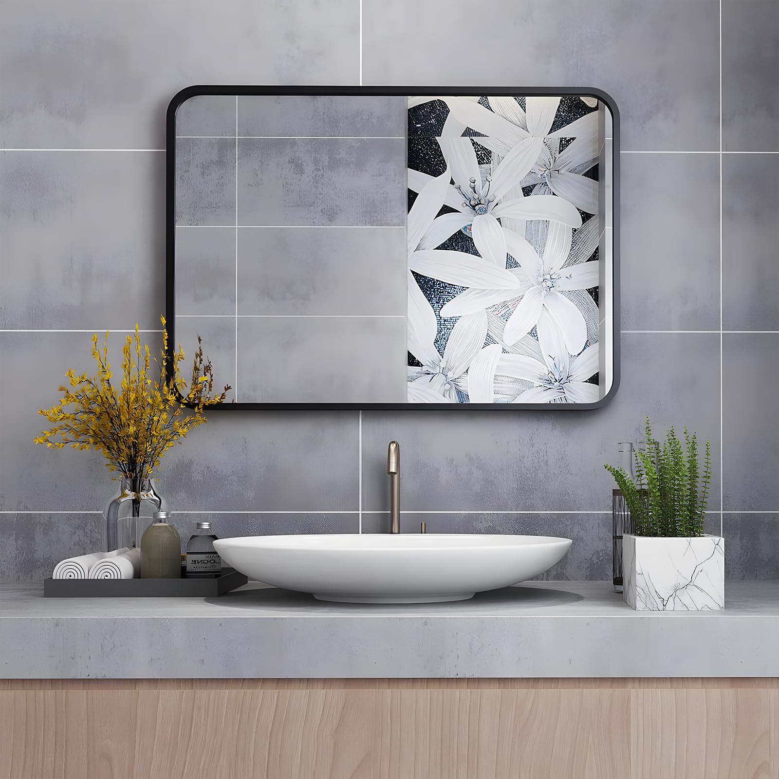 MIQU Espejo de baño de 80 x 60 cm, sin iluminación, rectangular, marco de metal, espejo de pared para baño, salón, inodoro 600 x 800 mm