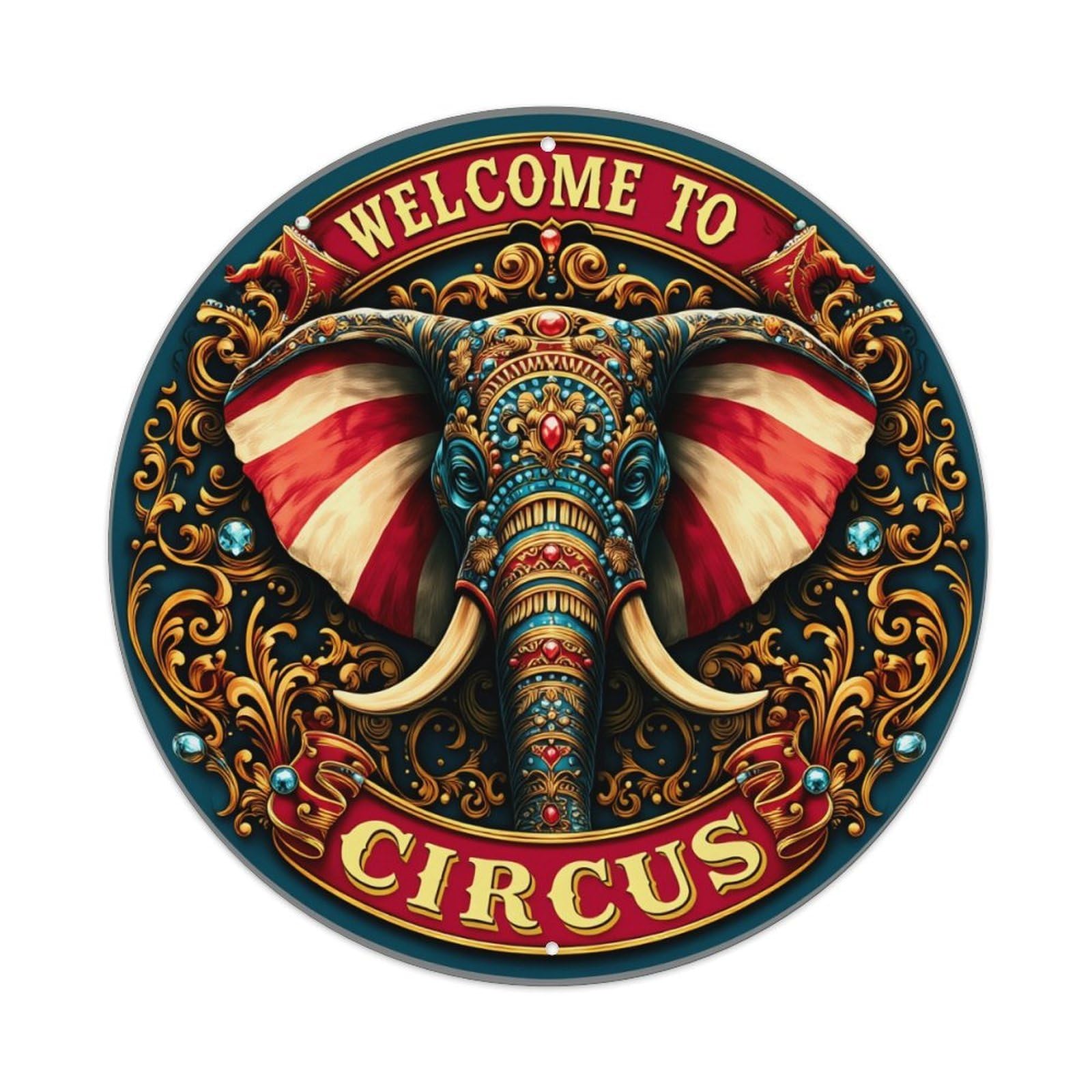Circus Elephant Ornate Pattern Design Round Tin Sign Vintage Metal Poster, Home Bar Garage Man Cave Cafe Indoor & Outdoor Wall Decoration 8x8Inches