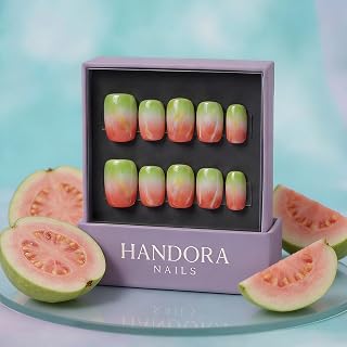 Handora Luxury Summer Press On Nails, Handmade Pink Guava Aura Ombre & Jelly Syrup Art, Reusable Short Square Fake Nails with Prep Kit for Resort Vacation & Holiday Gift, 10 Pcs
