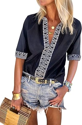 Chase Secret Womens Casual V Neck Shirt Boho Embroidered Print Short/Long Sleeve Tops Loose Blouse (S-XXL)