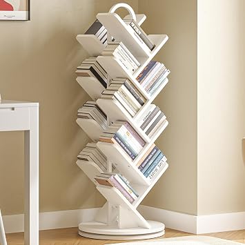 TVU 16-Tier Tree Rotating Bookshelf, 360 Degree Spinning Standing Bookcase for Magazines DVDs Books, Corner Bookcase for Living Room Bedroom Study, White