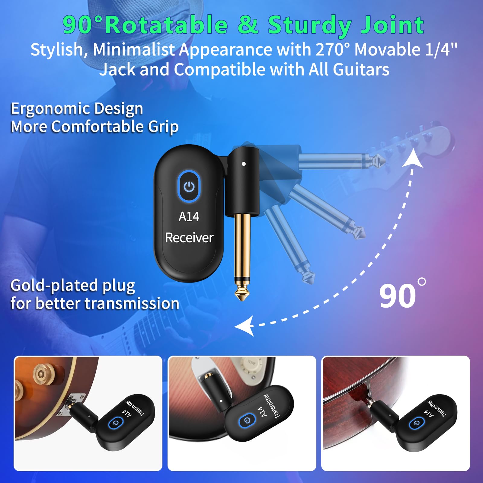 A14 Wireless Gitarrensystem 2.4GHz 2 Modi, Daumengröße, Wiederaufladbarer Li-Akku, 100ft Reichweite, 10 Stunden, Plug & Play für Gitarre, Bass, Violine, Keyboard (1TX + 1RX)