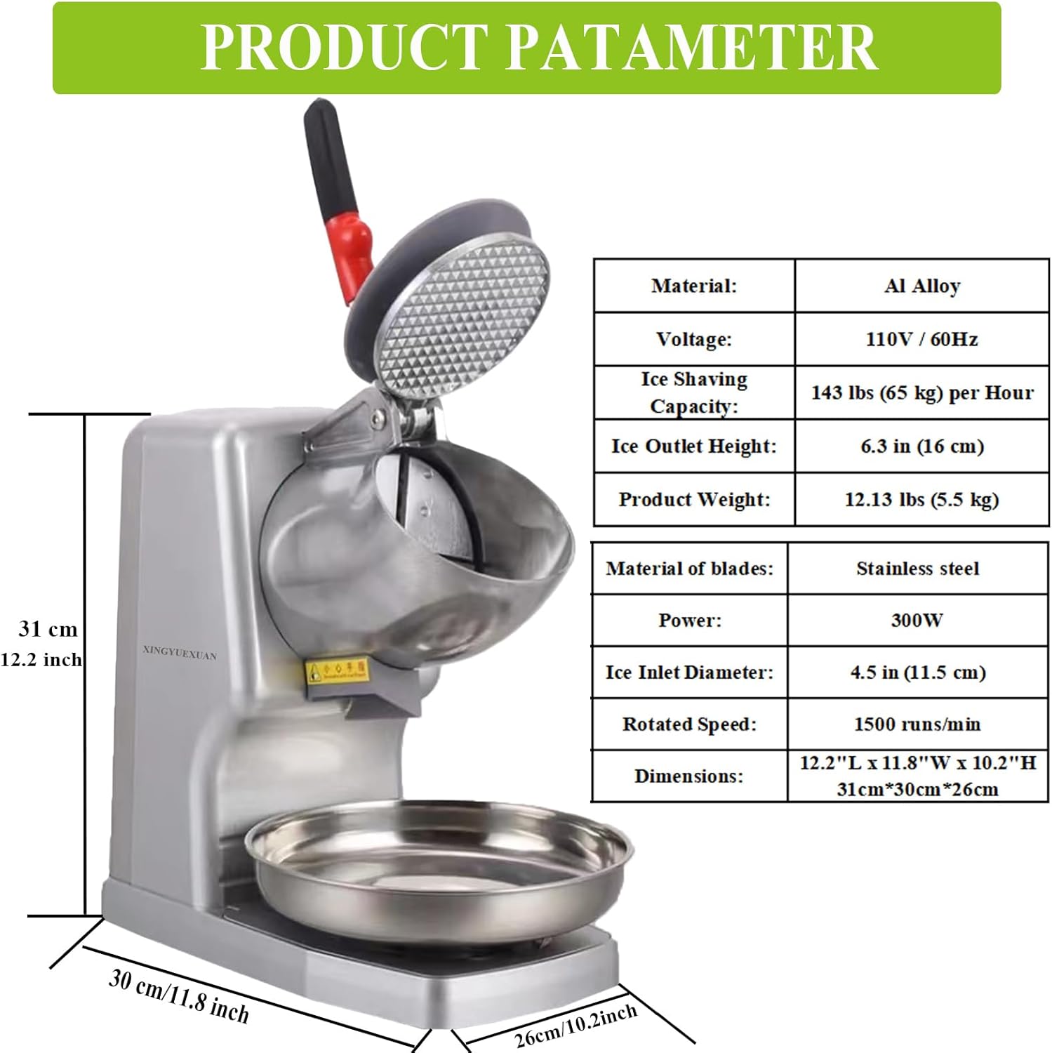 XINGYUEXUAN Electric Ice Shaver Household Crusher Shaved Ice Machine Stainless Steel 2 Blades