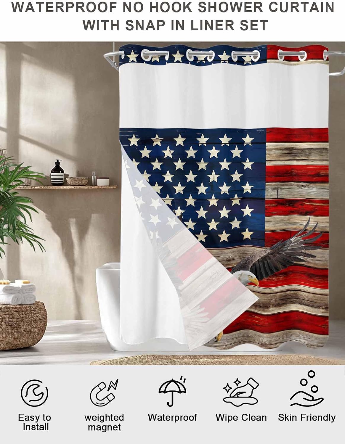 No Hook American Flag Shower Curtain with Snap in Liner Set, Eagle Blue Red USA Flag Retro Waterproof Fabric Bathroom Curtains with See Through Top Window, Hotel Style Modern 60 x 72 Inch