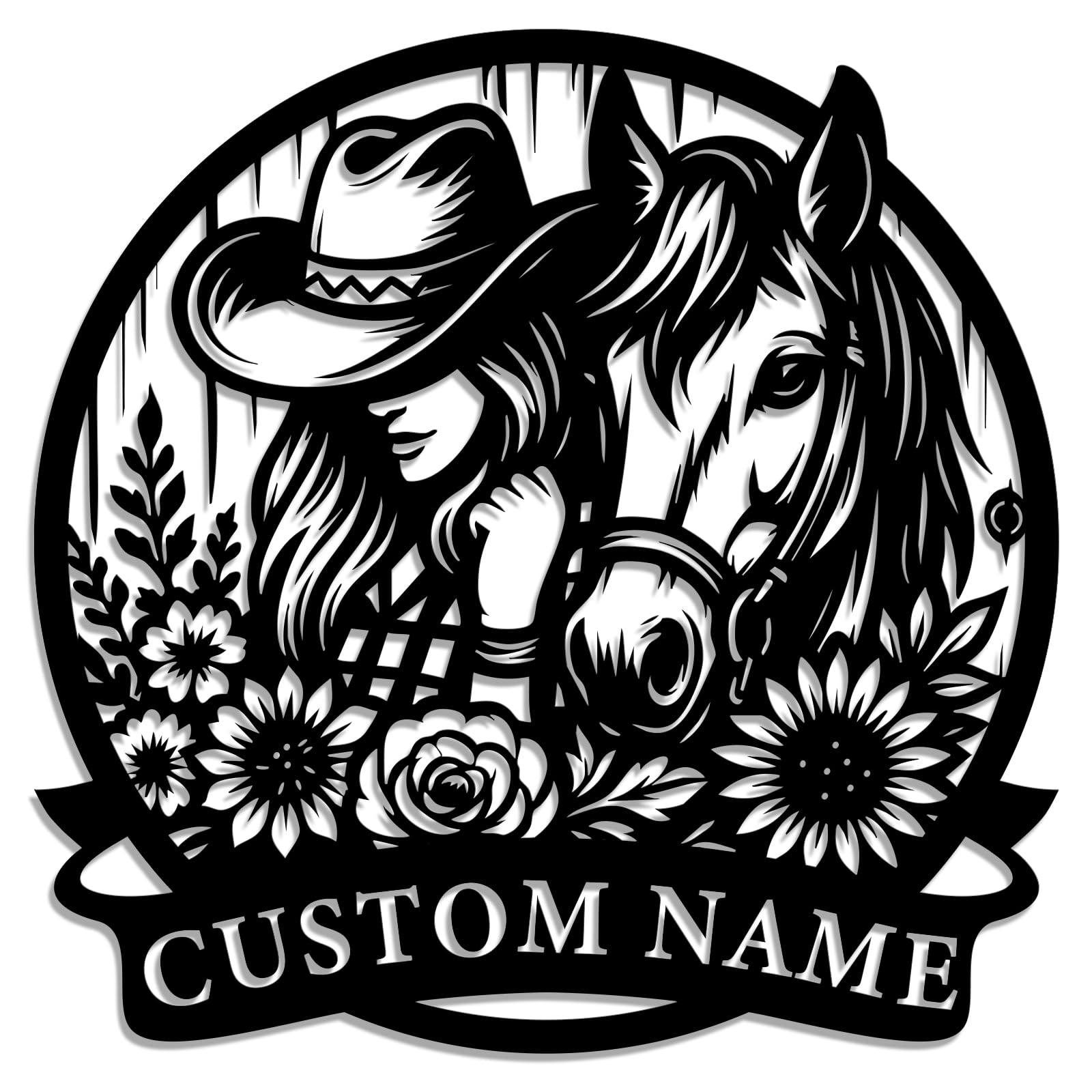 Personalized Cowgirl Metal Sign – Custom Western Wall Art with Cowboy Hat, Horse, and Rustic Style – Metal Decoration for Ranch, Farmhouse, Barn, and Outdoor Spaces (Style-A)