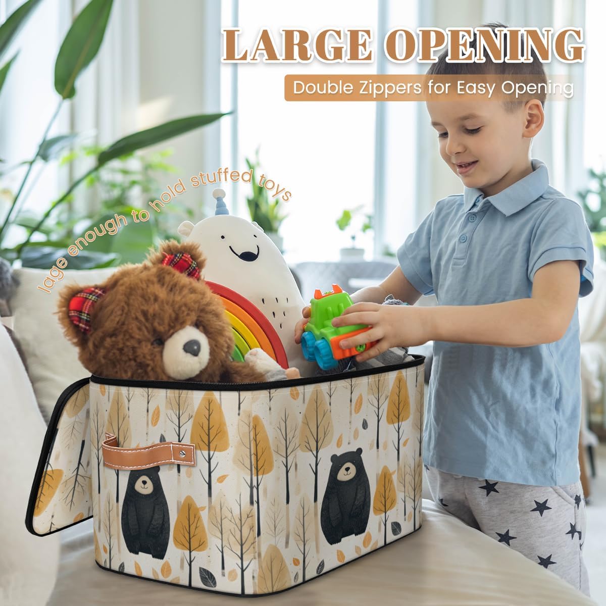 Storage Bin Set of 2 Autumn Forest Bear Storage Basket with Zipper Lid & Handle Foldable Closet Shelf 2 Pack Cloth Organizer Basket Cube Bins Clothes Organizer for Nursery, Bedroom