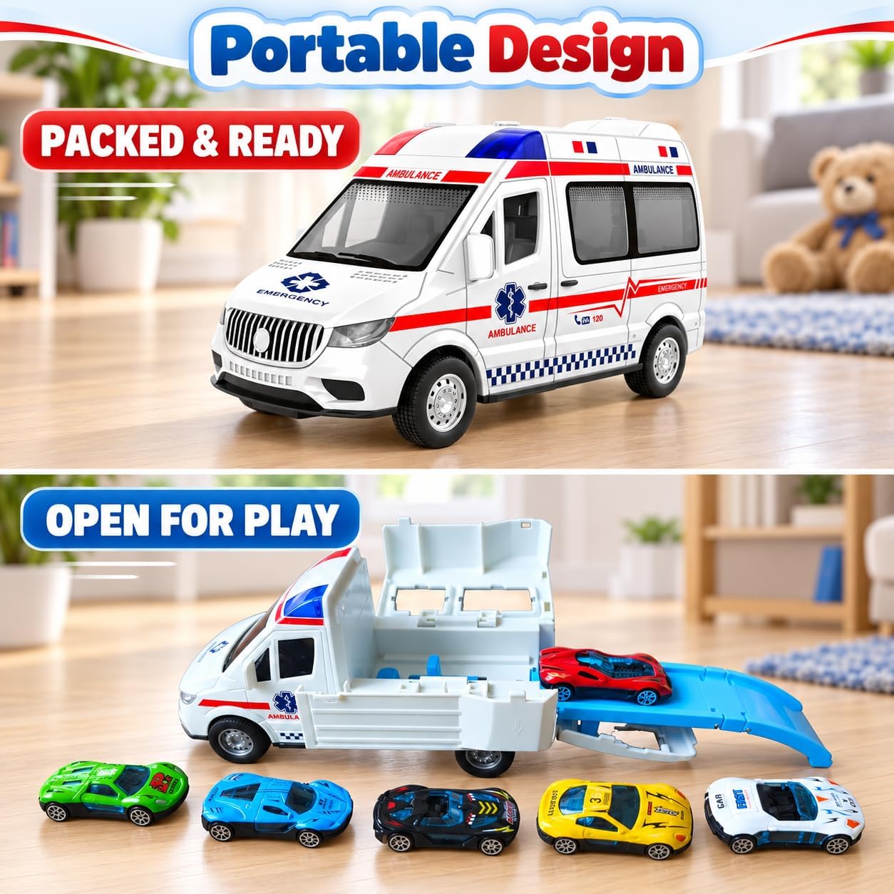Transforming Ambulance Toy Car for Kids, Launch Track Racing Set with6 Cars