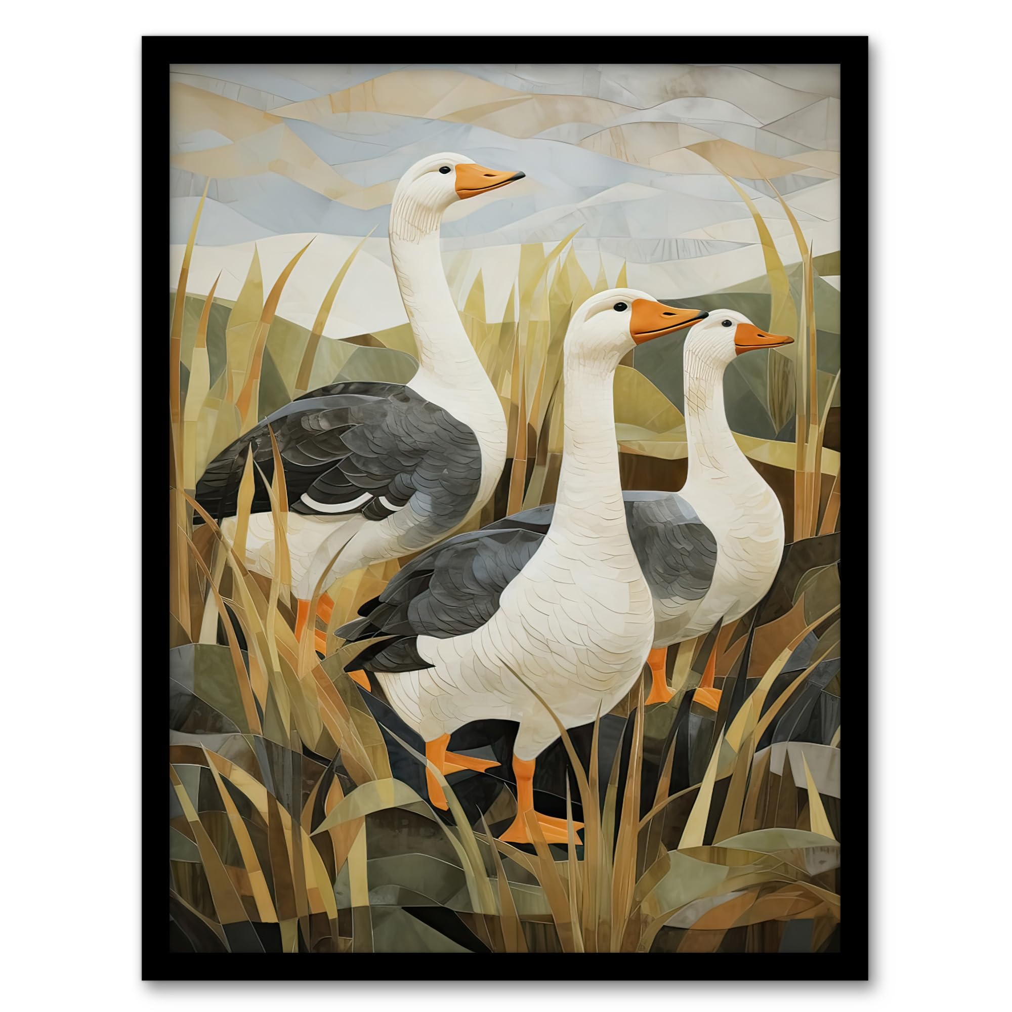 Artery8 Framed 18X24" Three Wild Geese Stylised Oil Painting Grey Orange Green Pastel Colour Birds In Sweet Flag Plant Countryside Landscape Artwork Framed Wall Art Print 18X24 Inch