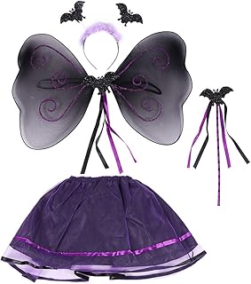 VALICLUD 4 pcs Kid Desempenho Terno Halloween Desempenho Asa Morcego Mão Decorativa Vara de Cabelo Hoop Desempenho Tutu Saia Conjunto para Crianças Menina dia das Bruxas