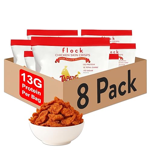 Vista 29 de Chips Flock keto de piel de pollo, 100% pollo real, bajo en carbohidratos, alto contenido en proteínas, sin azúcar, sin gluten, porción individual
