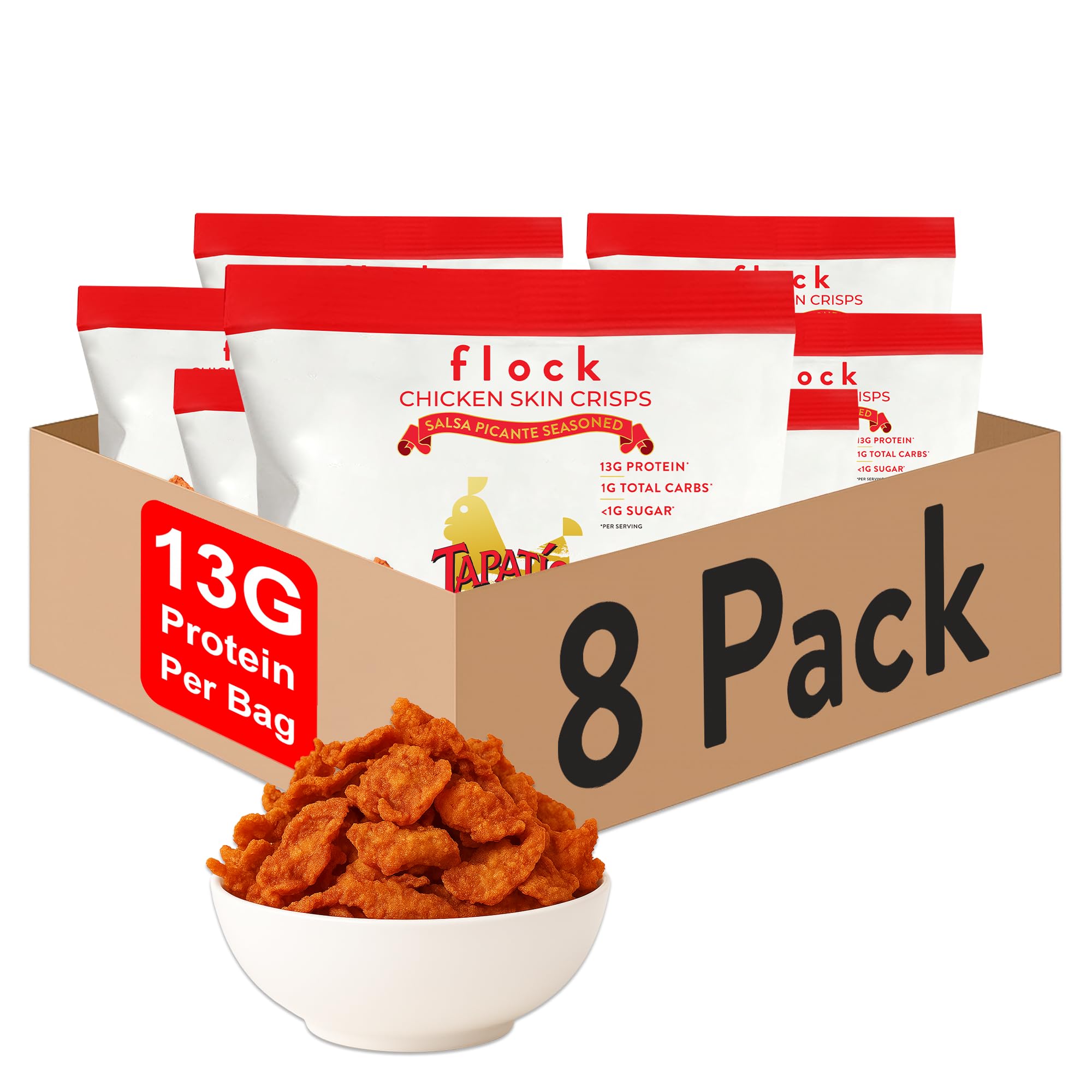 Flock Keto Chicken Skin Chips – Tapatio Flavor, Low Carb, High Protein, Gluten-Free Chicken Crisps, Keto Snack, Low Carb Chips, Protein Crackers, Diet