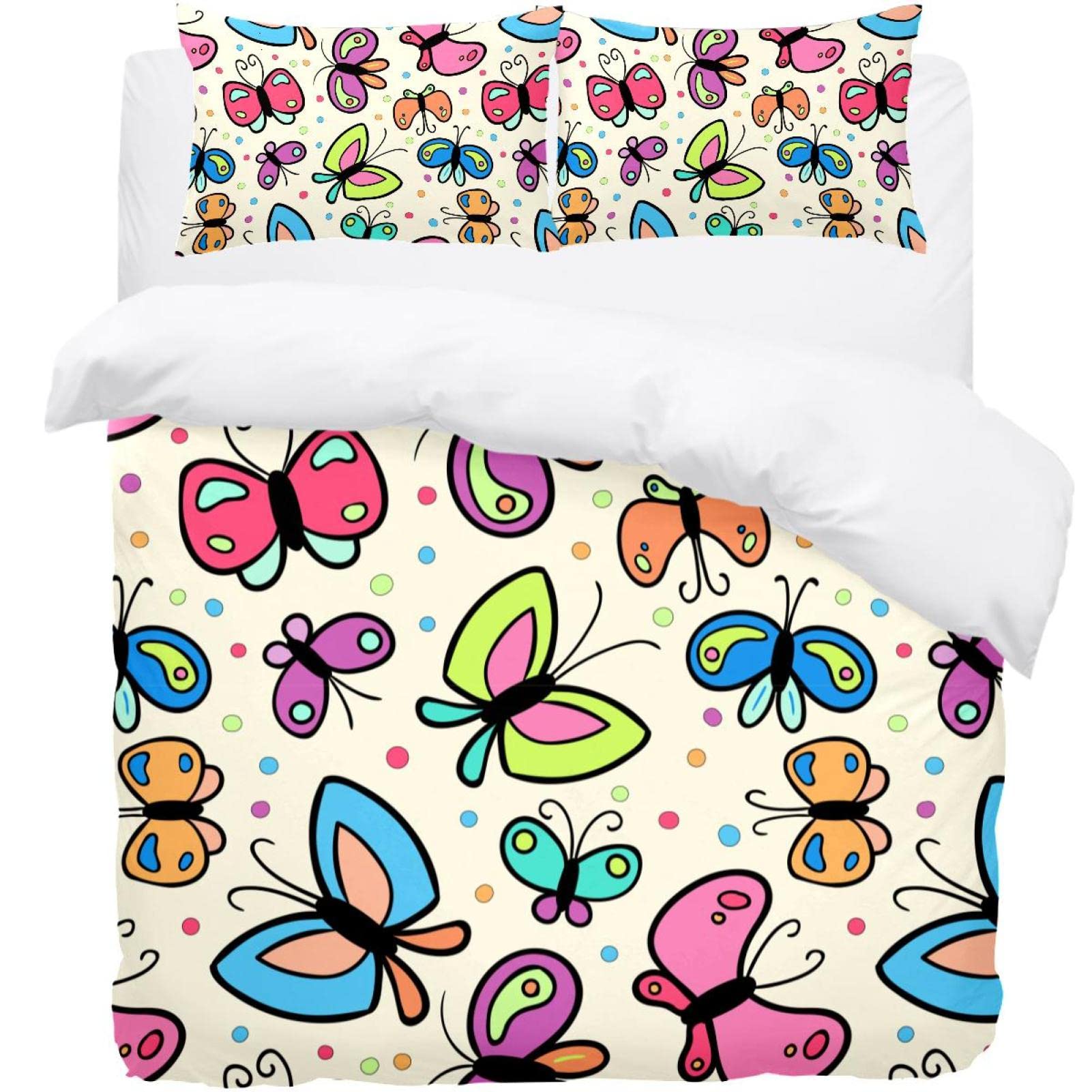 Parure de lit papillons colorés avec housse de couette et 2 taies d'oreiller