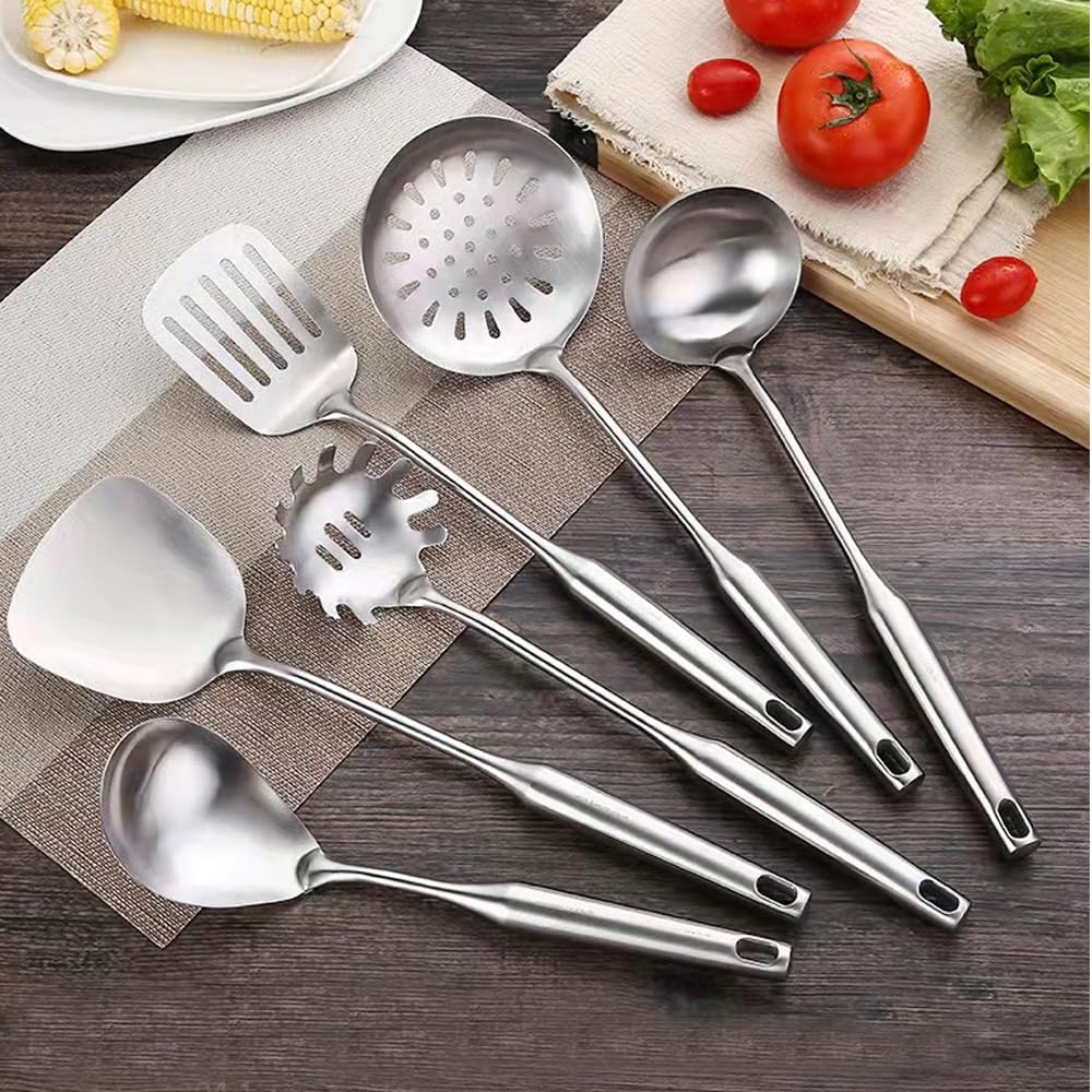 Lot de 6 ustensiles de cuisine en acier inoxydable 18/10 à long manche en métal, spatule, cuillère à soupe, pelle à fuite, cuillère à pâtes