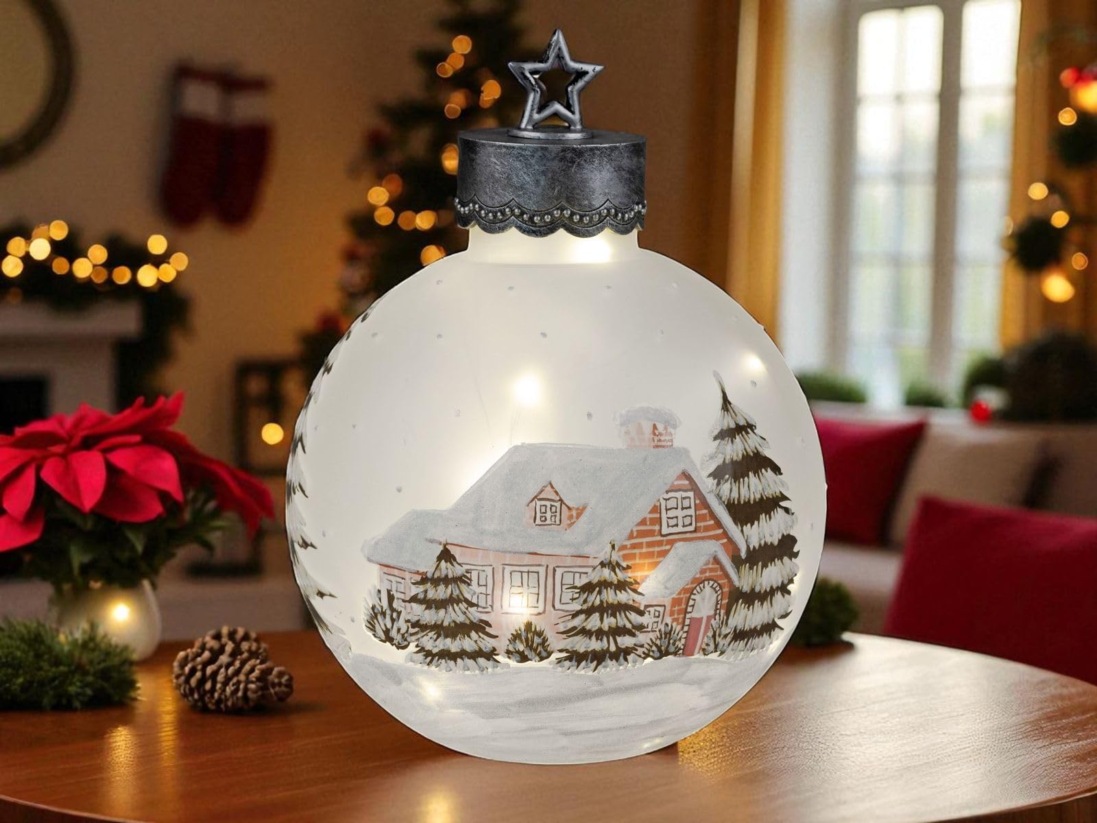 formano XXL LED Deko-Kugel 35 cm Winterdekor Glaskugel Timer 6 h/18 h beleuchtet - Batteriebetrieben - Herbst Winter Weihnachtsdeko für Tisch Regal Fensterbank