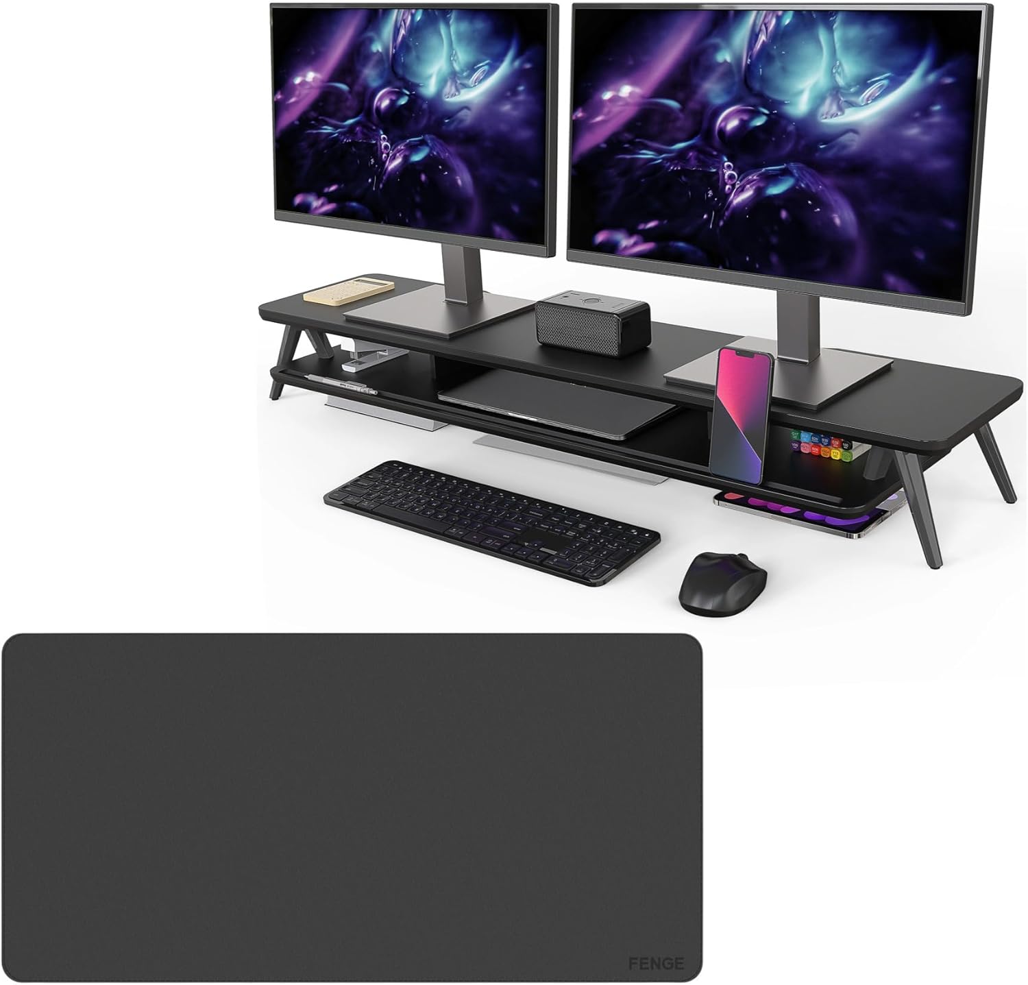 Fenge Dual Monitor Stand & Desk Pad Mat Bundle, 42.5 Inch Ergonomic Monitor Riser and Double-Sided Waterproof Desk Mat, All-in-One Desktop Organizer Set for Home Office