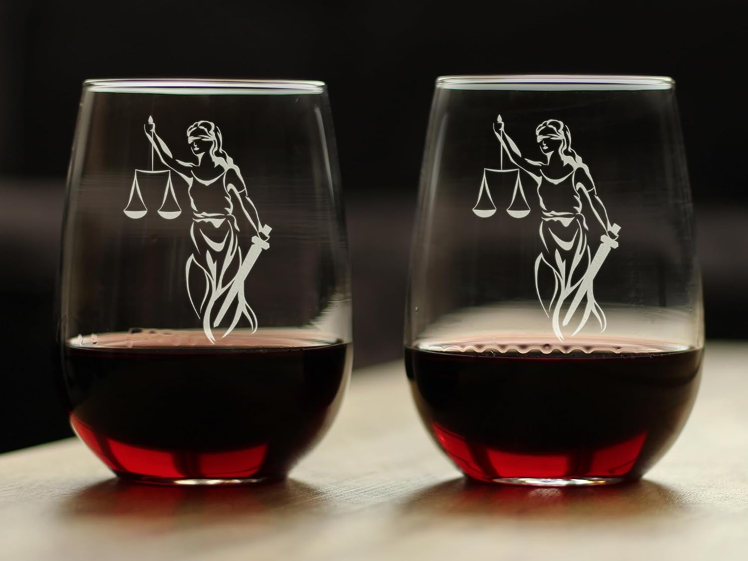 Bevvee Lady Justice - Stemless Wine Glasses - Set of 2 - Lawyers and Attorneys Themed Gifts or Party Decor - Large 17 Ounce