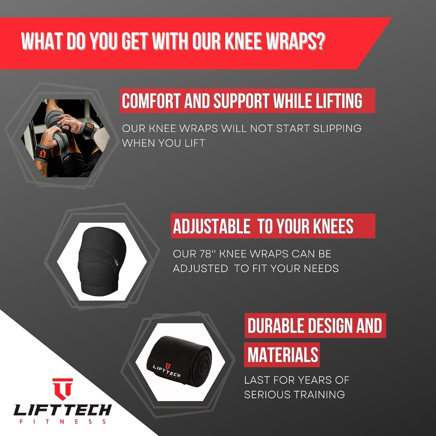 Lift Tech Pro Knee Wraps, Black, One Size