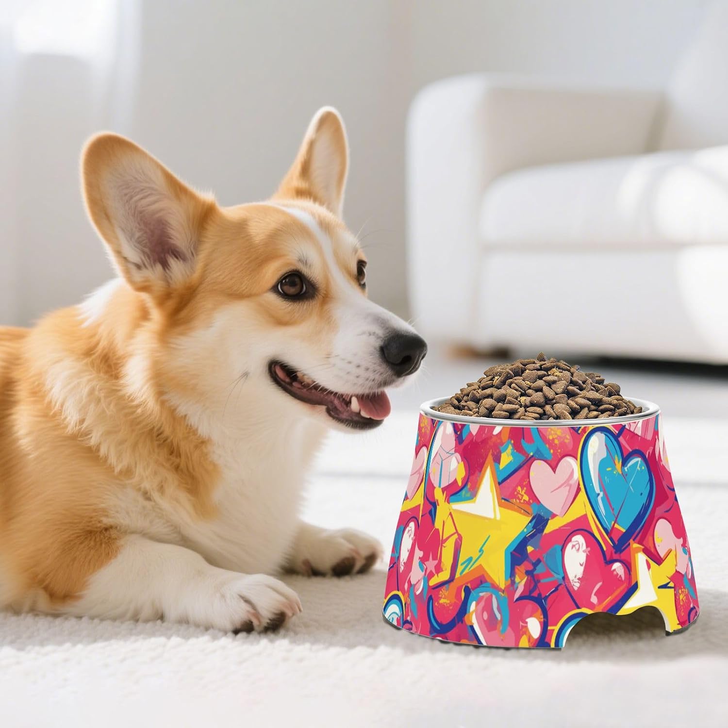 Graffiti Art Hearts Stars Sweet Pets Water&Food Bowls Non Skid Stainless Steel Feeder Pets Bowl for Small Pet Slow Down Eating