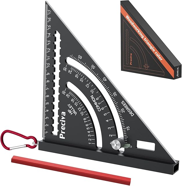 7 inch Set Square Hangable Type, Preciva Speed Square Metric, Aluminum Alloy Roofing Square, Builders Square with Hook, Plumb Function, Multifunctional Carpenters Tools