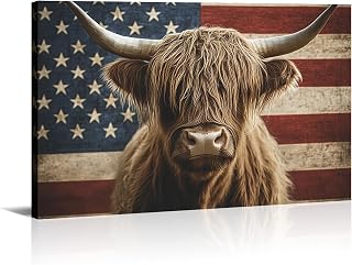Highland Cow Wall Art American Flag Barn Decor Farm Ranch Style Picture Canvas Prints Rustic Farmhouse Paintings Vintage Artwork for Living room Bedroom Bathroom Home Office Decoration - 12.00"x18.00"