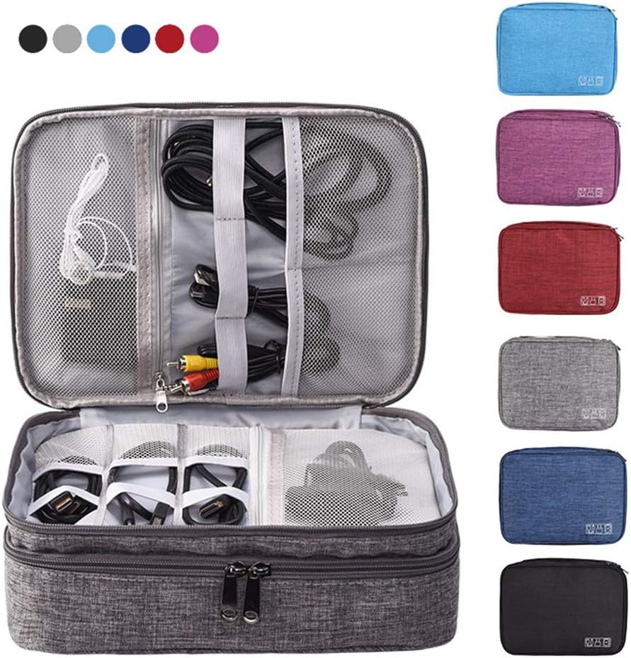 Double Layers Electronics Organizer Bag, EXKOKORO Protable Accessories Carrying Case Cable Organizer Bag Waterproof Cable Storage Bag for Charging Cable, Power Bank, Cellphone, USB and More(Black)