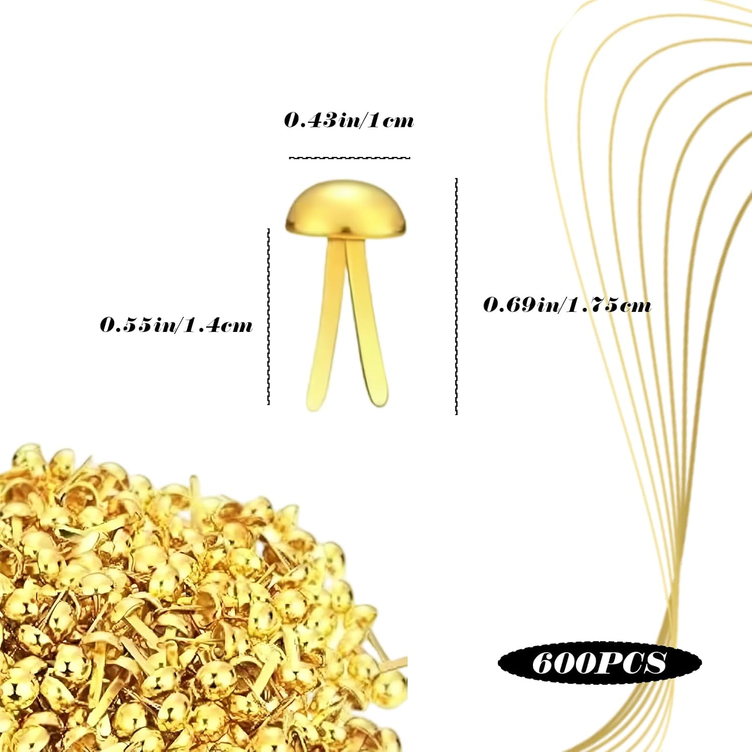NovaPuff 600 Pcs Golden Brads, Mini Paper Fasteners Round Head Iron Fasteners, 3/4-Inch Metal Brads for Paper Crafts Supplies/DIY Enthusiasts（0.43in*0.69in）