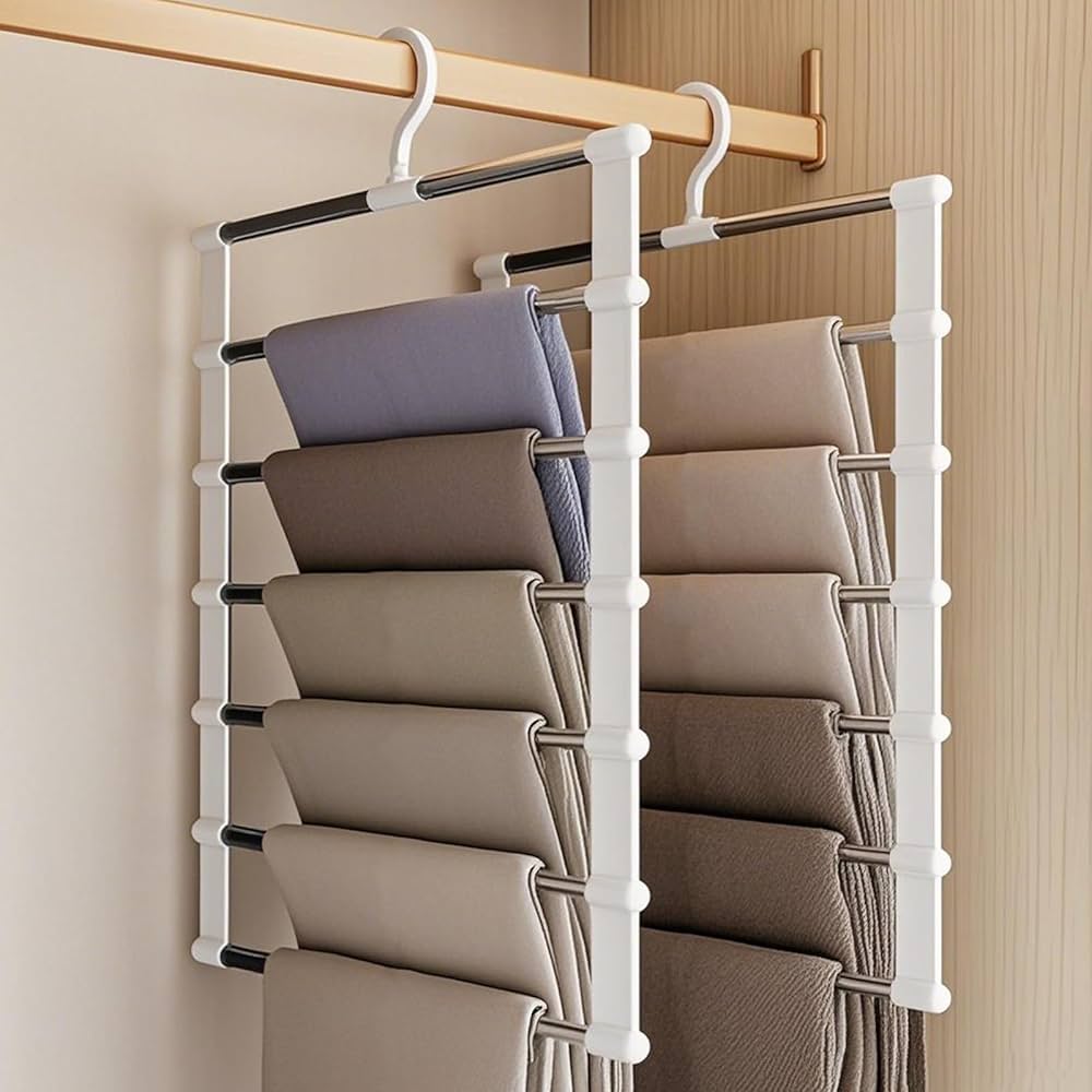Grucce salvaspazio 6 in 1 per pantaloni, confezione da 2 grucce salvaspazio per armadi, pantaloni, organizer antiscivolo per sciarpe, jeans, vestiti, pantaloni, asciugamani (bianco