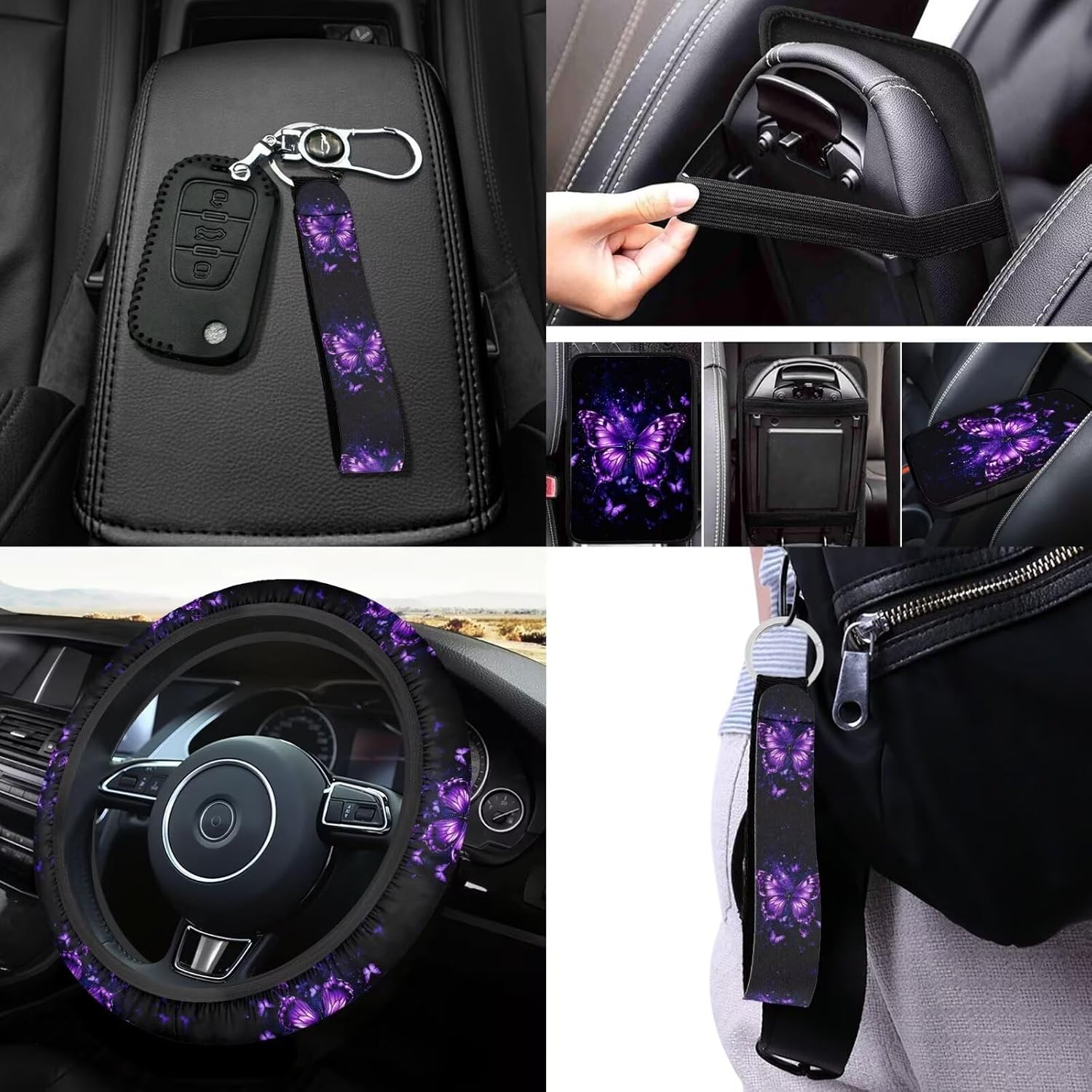 14 Pcs Butterfly Car Accessories Set for Women Butterfly Car Seat Covers Full Set with Purple Butterfly Print Seat Belt Pads Handbrake Gear Cover Keyring Interior Decor for SUV Truck Sedan