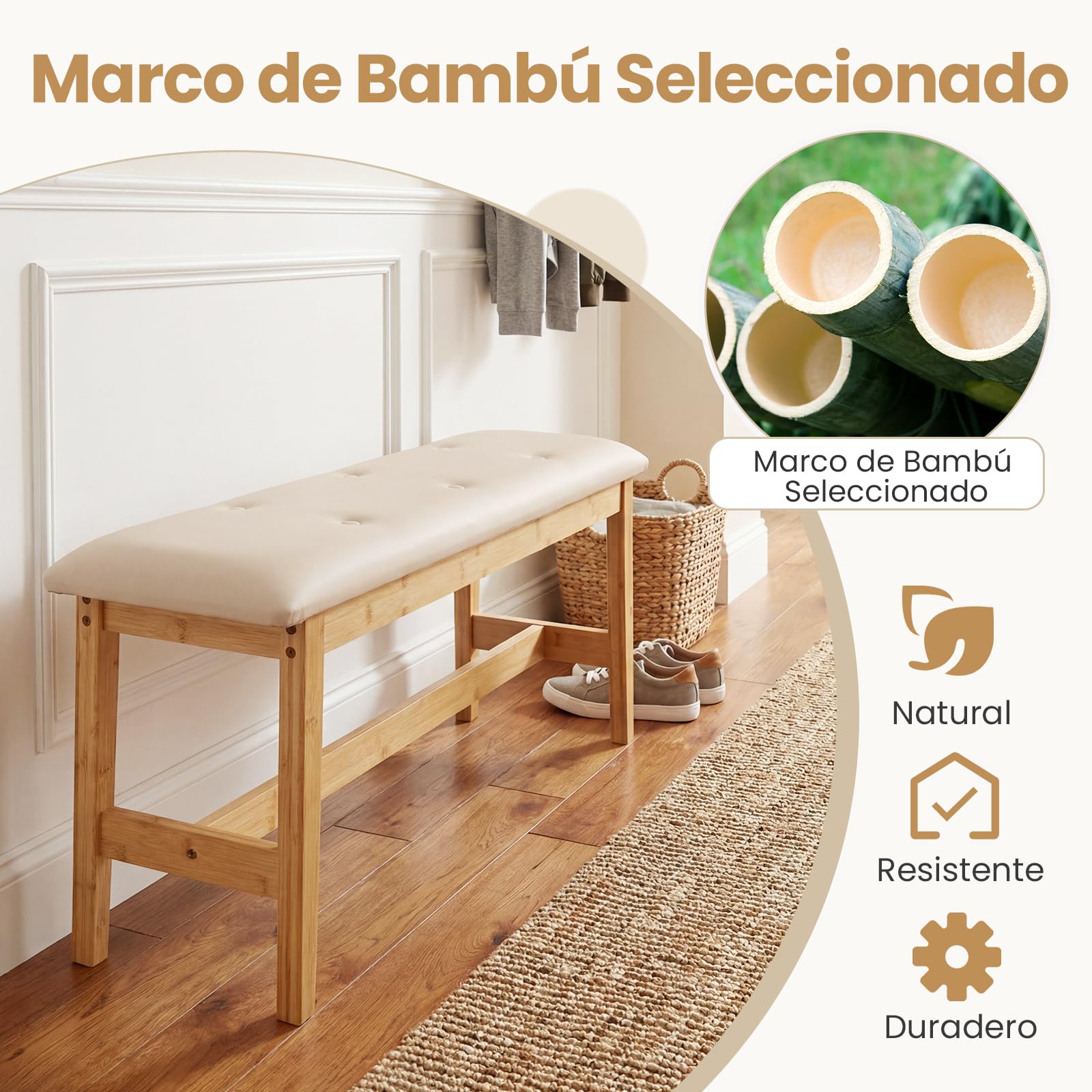 COSTWAY Banco Tapizado de 100 cm, Taburete de Bambú para pie de Cama con Botones y Asiento Acolchado, Cuero Artificial y Relleno de Esponja, Taburete para Zapatos, Banco para Cocina, Entrada, Pasillo